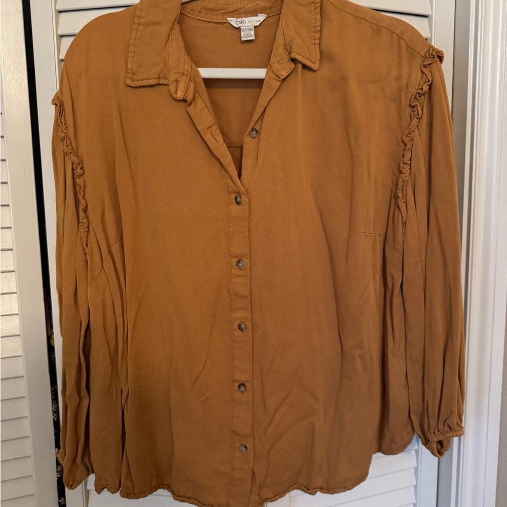 Cato Mustard Button-Down Shirt with Ruffle Sleeves